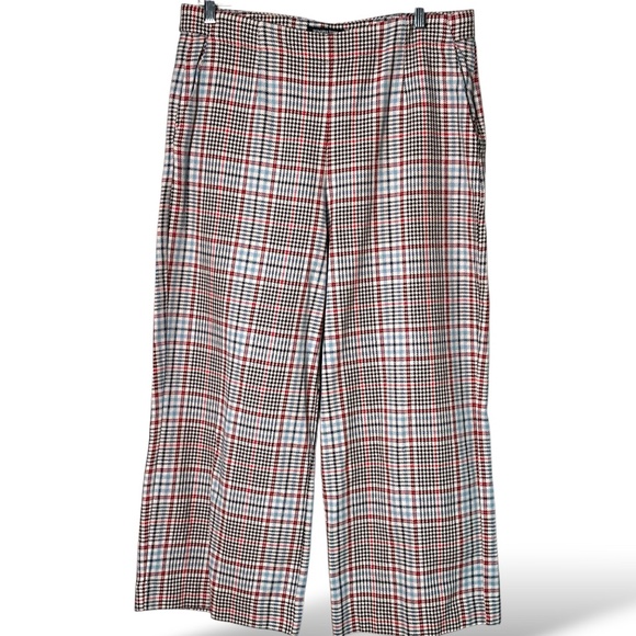 MONOPRIX 100% Cotton Wide Leg Cropped Plaid Trousers Side Zip Flat Front Sz 12 - Picture 1 of 11